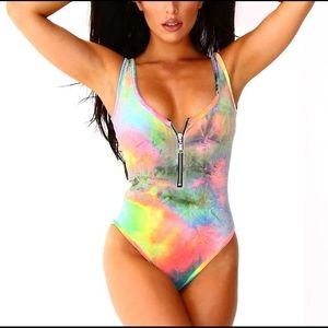 iHeartRaves Velvet Zip Tie Dye Bodysuit